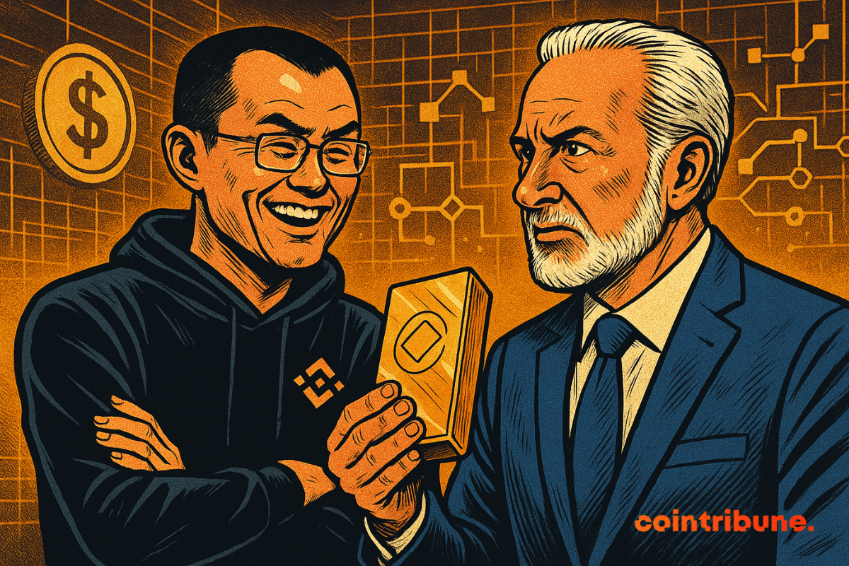 CZ, laughing, watches Schiff holding a tokenized gold bar in a futuristic orange-hued arena.