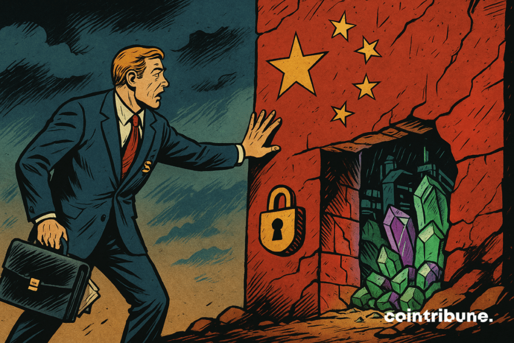 Un minero estadounidense o un comerciante con traje intenta pasar, pero es detenido en seco por un muro rojo decorado con estrellas chinas. El muro bloquea el acceso a una caverna llena de cristales luminosos, simbolizando las restricciones de China sobre las tierras raras.