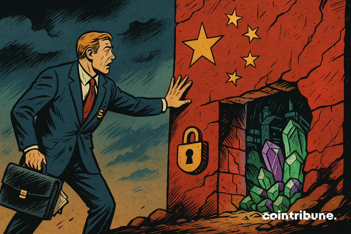 Un mineur américain ou trader en costume tente de passer, stoppé net par un mur rouge orné d’étoiles chinoises. Le mur bloque l’accès à une caverne remplie de cristaux lumineux, ce qui symbolise les restrictions sur les terres rares par la Chine.