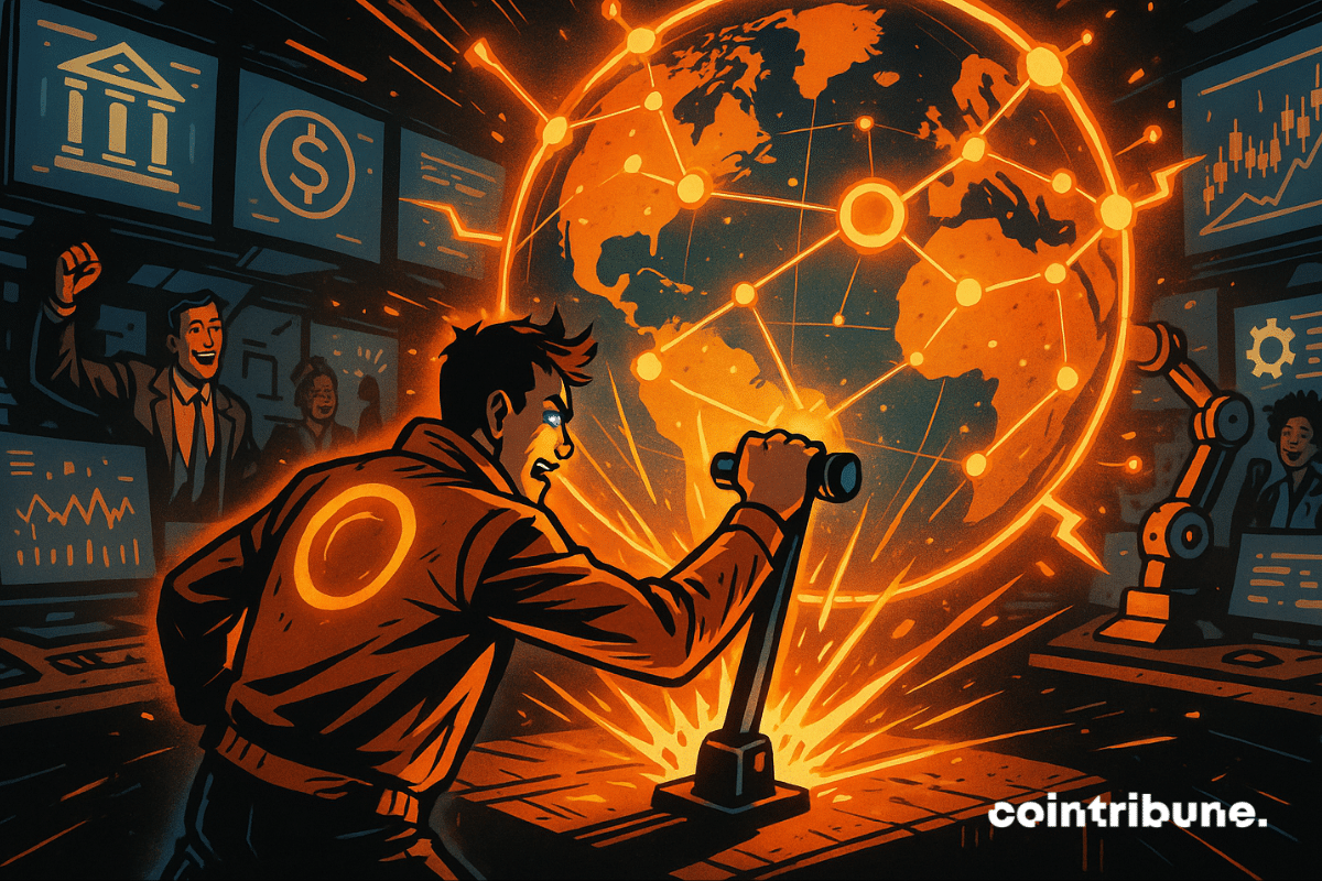 Engineer activates Arc testnet as glowing network map connects banks and tech firms.