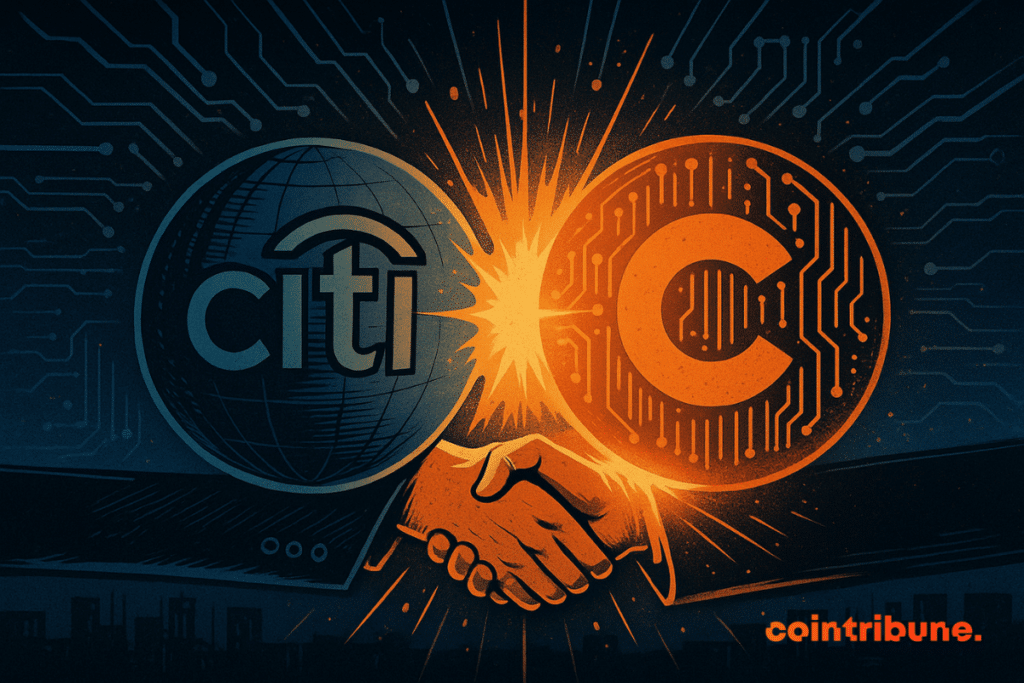 A vintage comic-style illustration showing two glowing spheres, one blue for Citi and one orange for Coinbase, colliding in a burst of light as two hands shake below them.