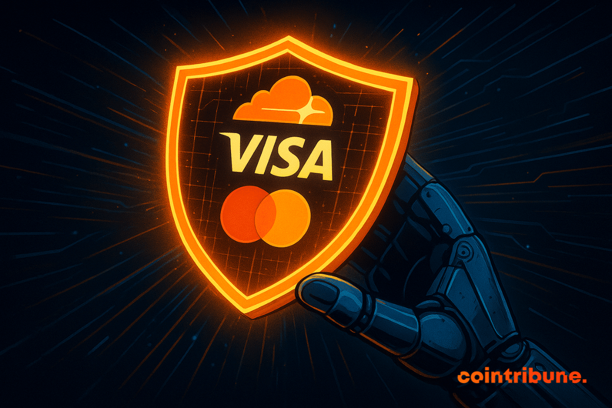 Une main robotique tient un bouclier numérique orange brillant comportant les logos de Cloudflare, Visa et Mastercard sur un fond sombre et high-tech.