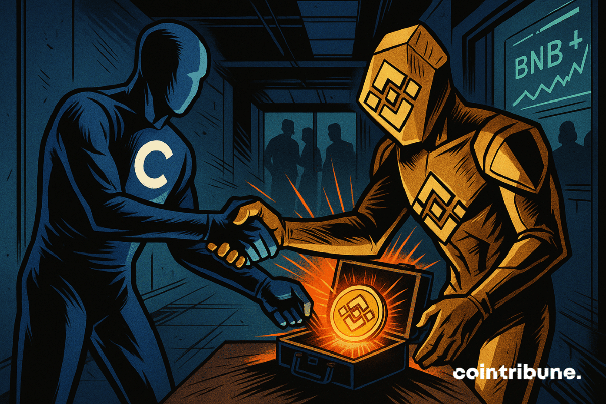 Une poignée de mains entre deux figures humanoïdes représentant Coinbase et Binance. Entre leurs mains, une valise ouverte laisse briller un jeton BNB doré.