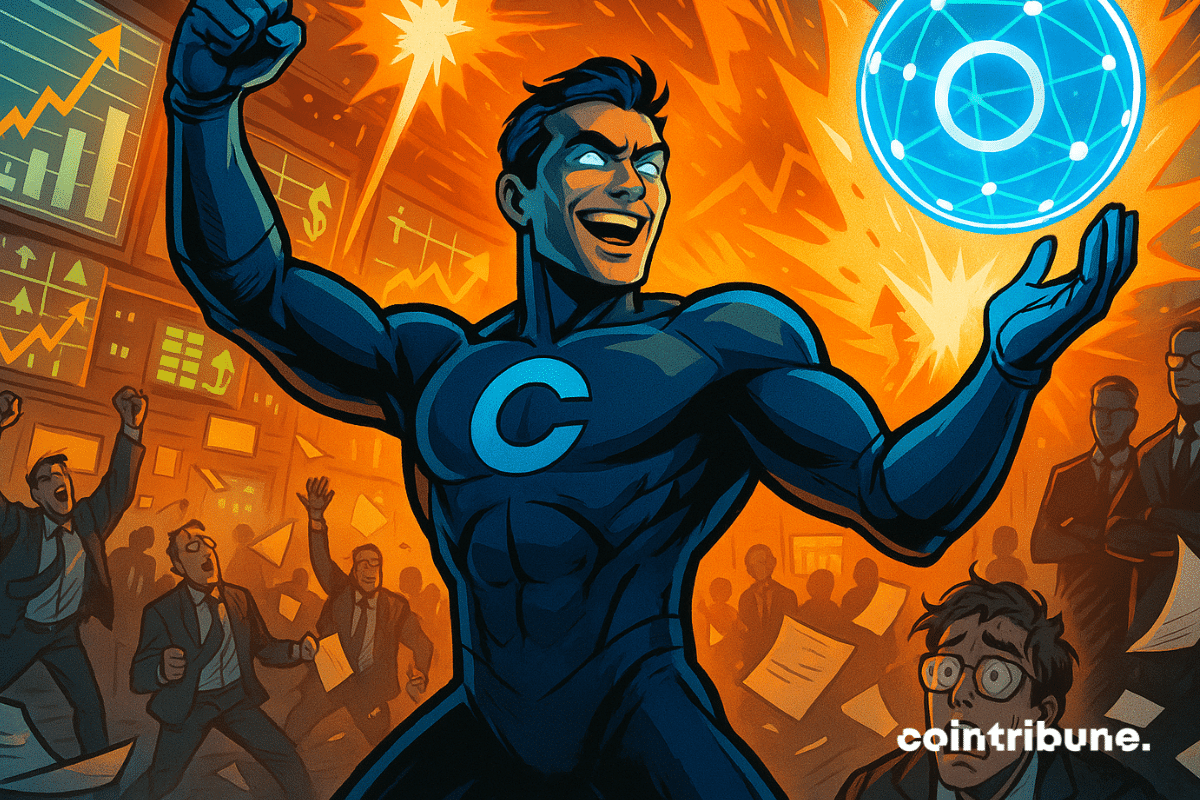 Illustration de style bande dessinée d'un personnage héroïque de Coinbase célébrant la montée en flèche des actions au milieu du chaos du marché.