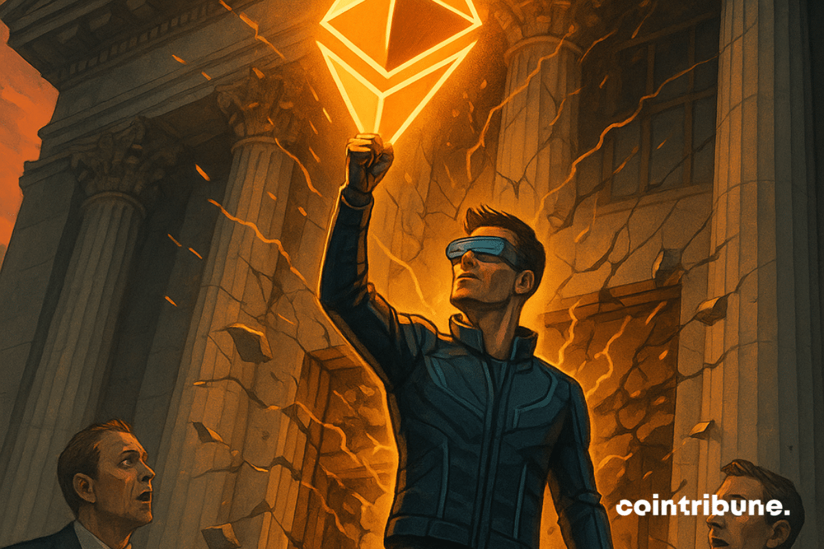 Un héros crypto brandit l’emblème d’Ethereum, fracassant Wall Street sous les regards stupéfaits de financiers classiques.