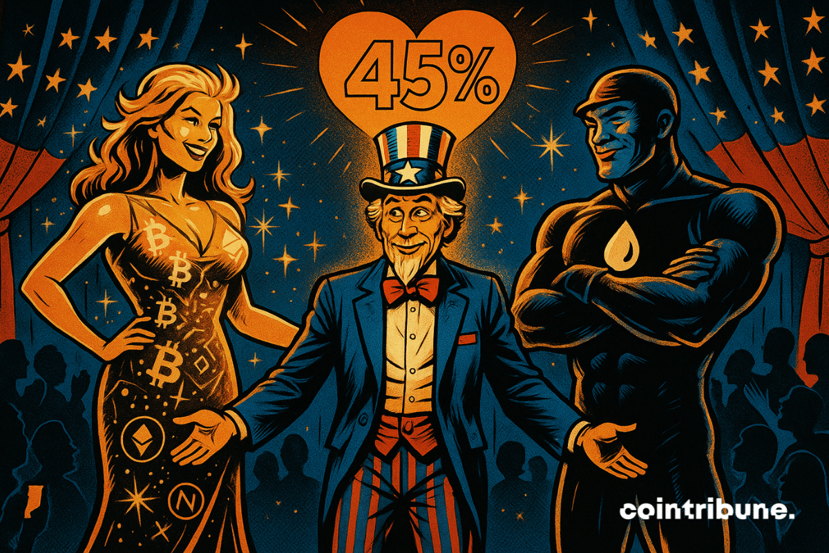 Uncle Sam is positioned between two personified figures representing crypto and oil, in a setting that is both humorous and symbolic.