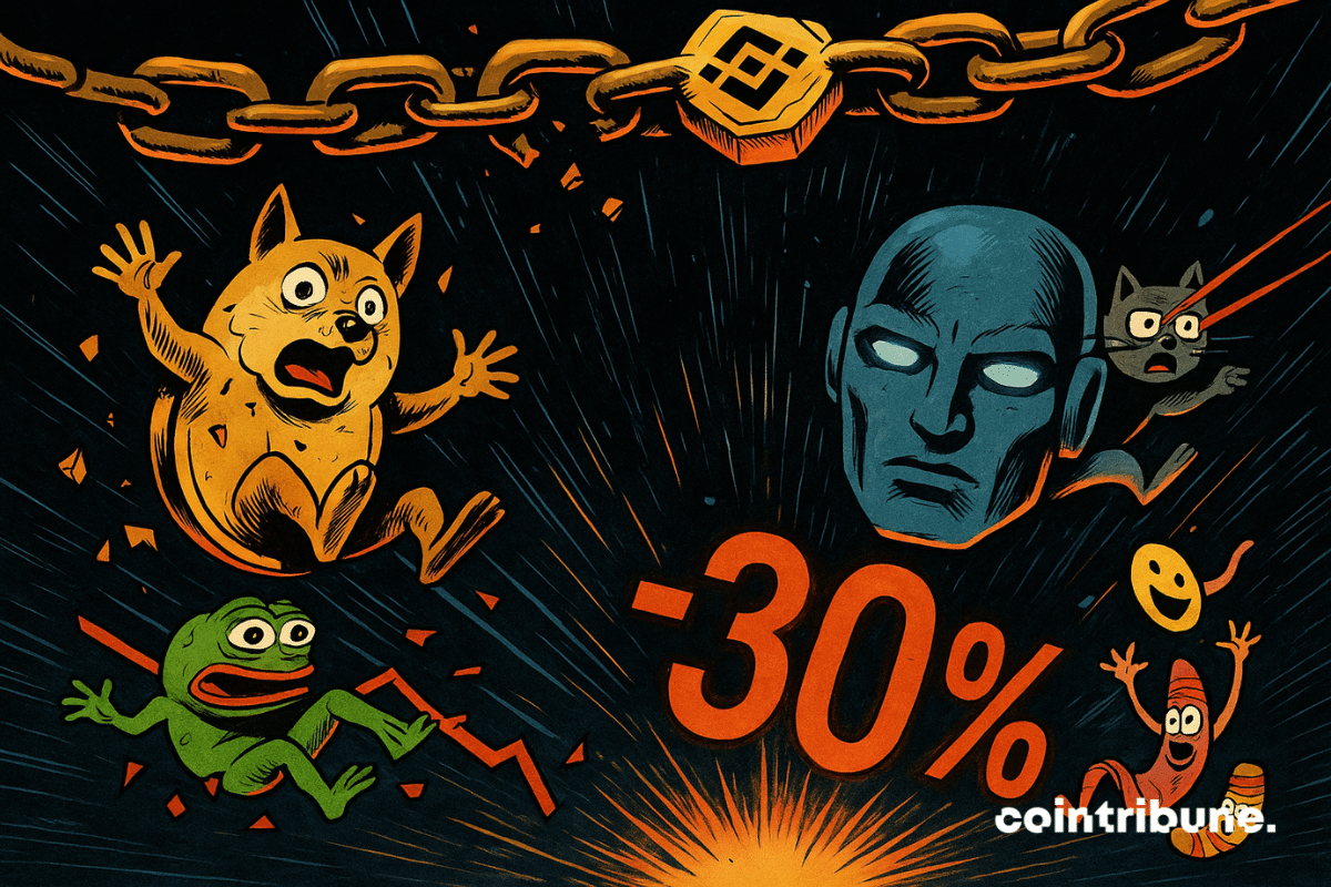 Los memecoins de la BNB Chain caen en picado tras una cadena rota. El eslabón roto lleva el logotipo del exchange cripto Binance.