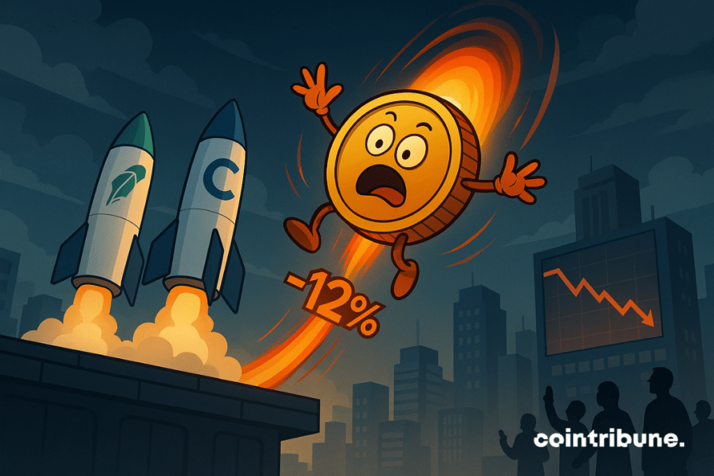 An anthropomorphized BNB coin, propelled like a rocket, but which pivots in the air and falls back down.
