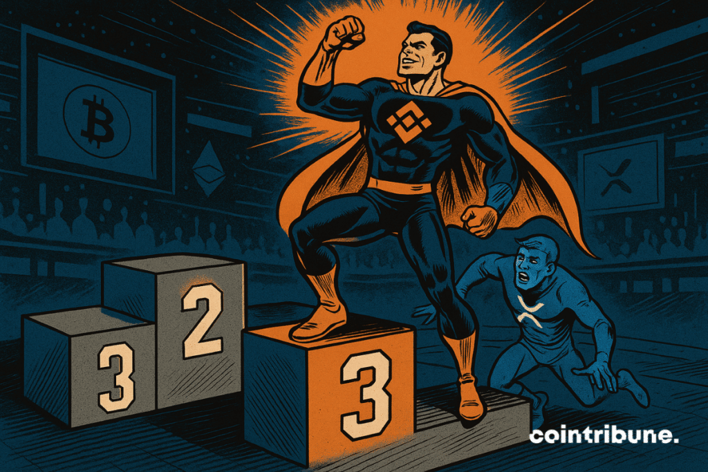 A powerful superhero representing the BNB crypto stands proudly on step number “3”, chest out, fist raised, eyes set on the horizon. XRP, as the defeated rival, slips off step “3” with a confused and frustrated expression, one arm extended backward to regain balance.