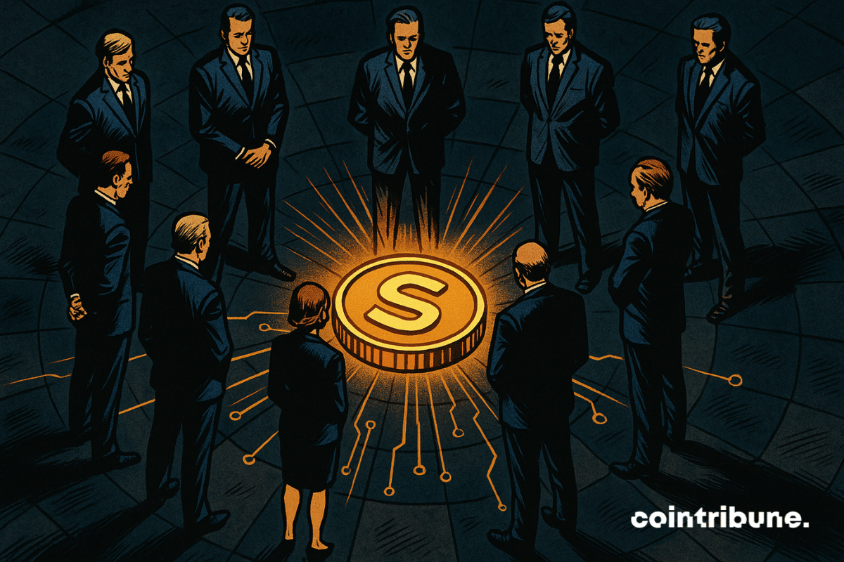 A circle of banking ecosystem figures gathered around a stablecoin token, symbolizing their union on an unprecedented crypto project.