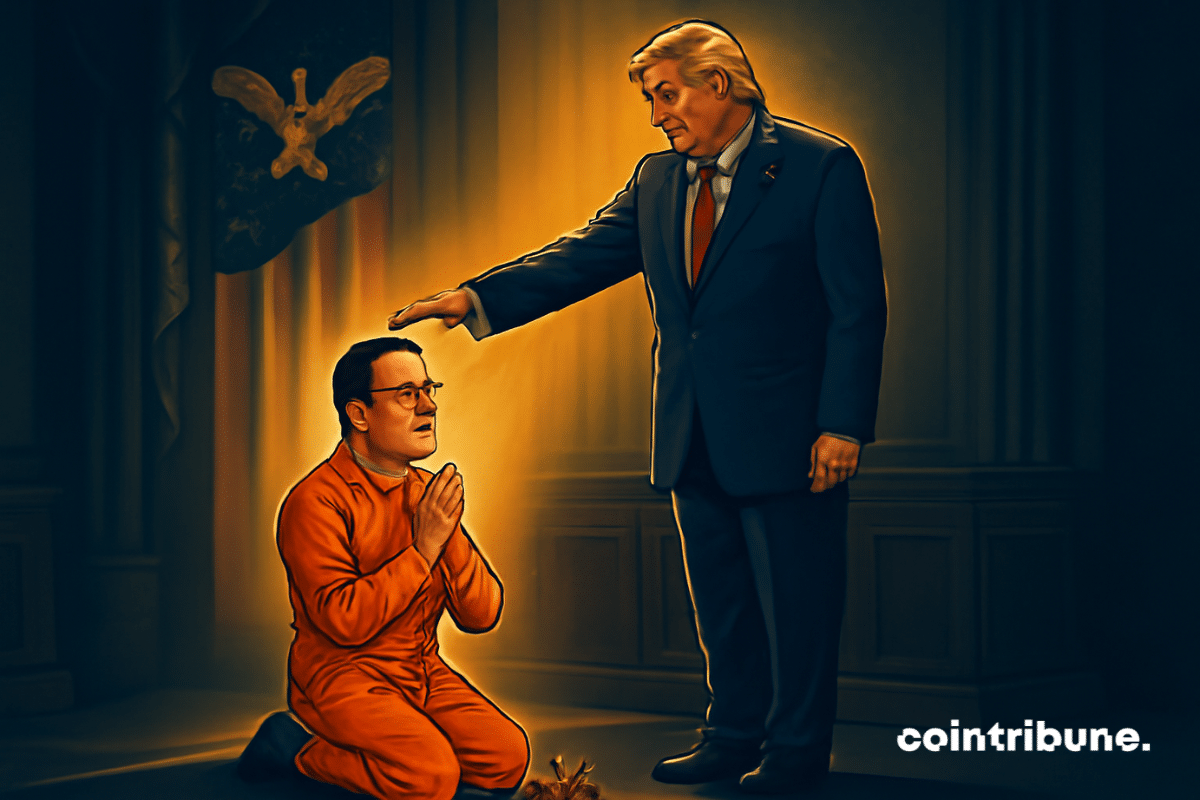 Trump debout sur une estrade, bras tendu vers CZ à genoux, dans une posture de prière ou supplication. CZ, le fondateur de Binance, est encore en combinaison de prisonnier, les chaînes se brisant au sol.