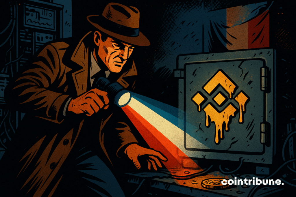 A French inspector holds a tricolor flashlight shining on a partially opened digital safe. His other hand is ready to seize a suspicious item, such as a crypto coin, a hard drive, or a ledger marked with the Binance logo.