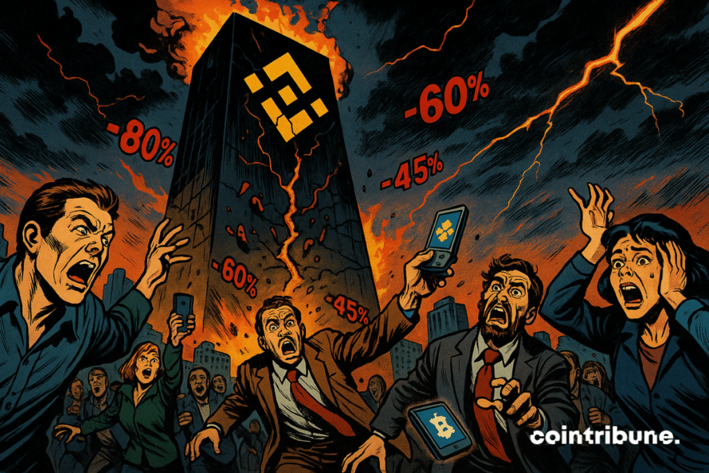 Une foule d’utilisateurs en panique devant une tour de l’exchange crypto Binance en flammes. Certains fuient, d'autres regardent incrédules.