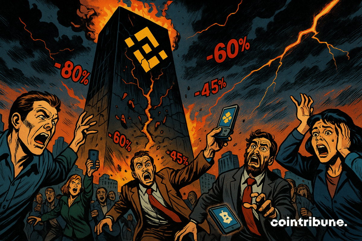 Una multitud de usuarios en pánico frente a una torre del exchange cripto Binance en llamas. Algunos huyen, otros miran incrédulos.