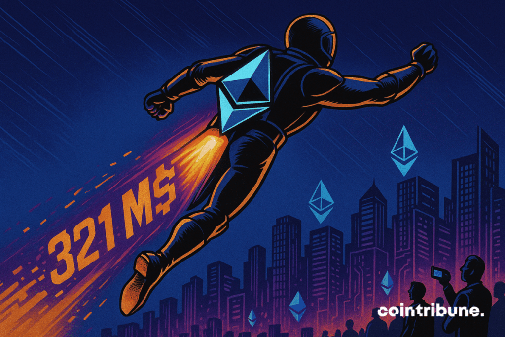 Un mineur futuriste, représentant BitMine, vêtu d’une combinaison technologique noire et orange, avec des détails néon bleus. Son dos est équipé d’un propulseur en forme de losange Ethereum, émettant des flammes stylisées violettes et orangées. Une traînée numérique suit le personnage avec le chiffre « 321 M$ » qui apparaît en pixels brillants dans l’air, comme une signature dynamique de son achat.