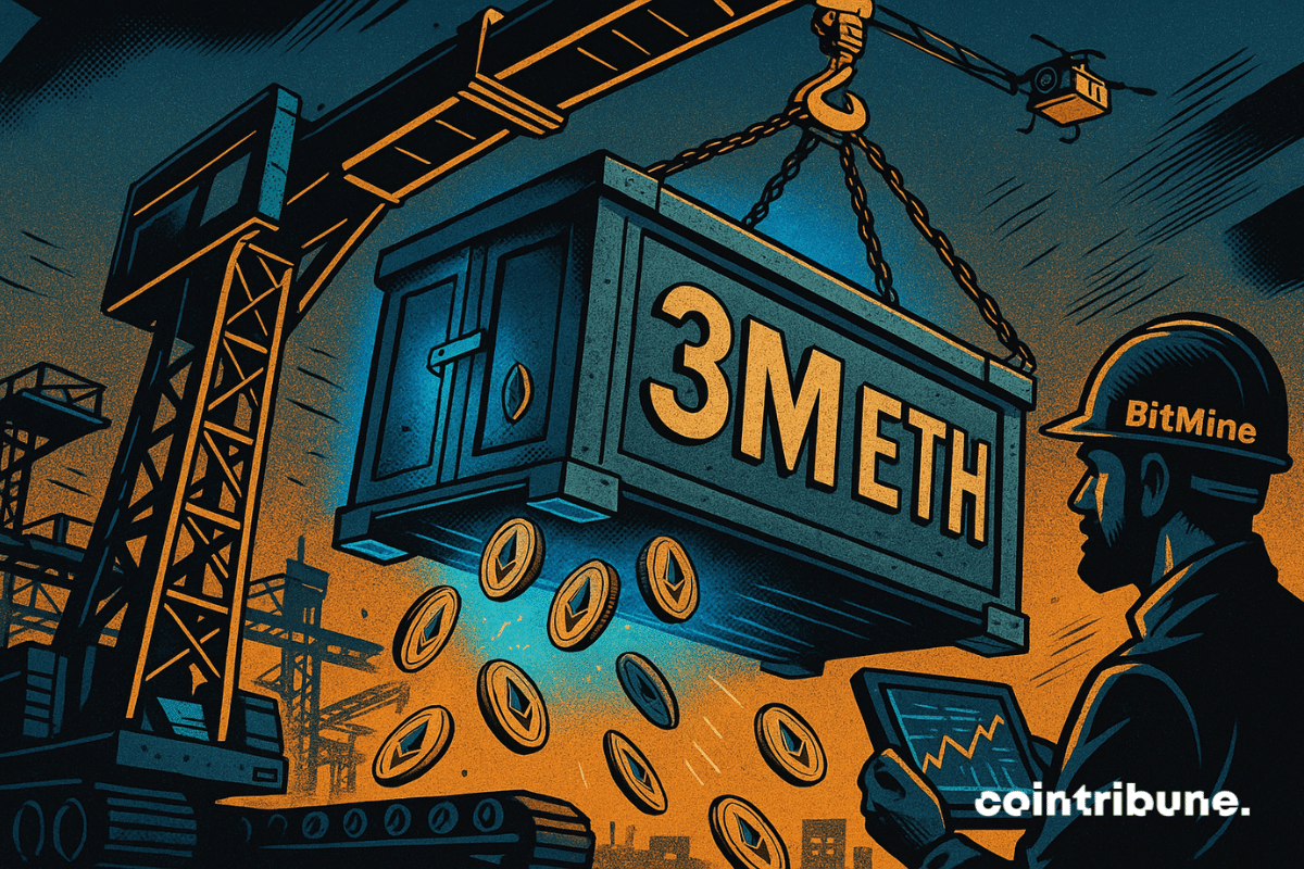 Une grue robotisée géante, noire et dorée, soulève un container blindé marqué en gros caractères « 3M Ethereum », sous le contrôle d’un dirigeant de BitMine, entreprise de trésorerie crypto.