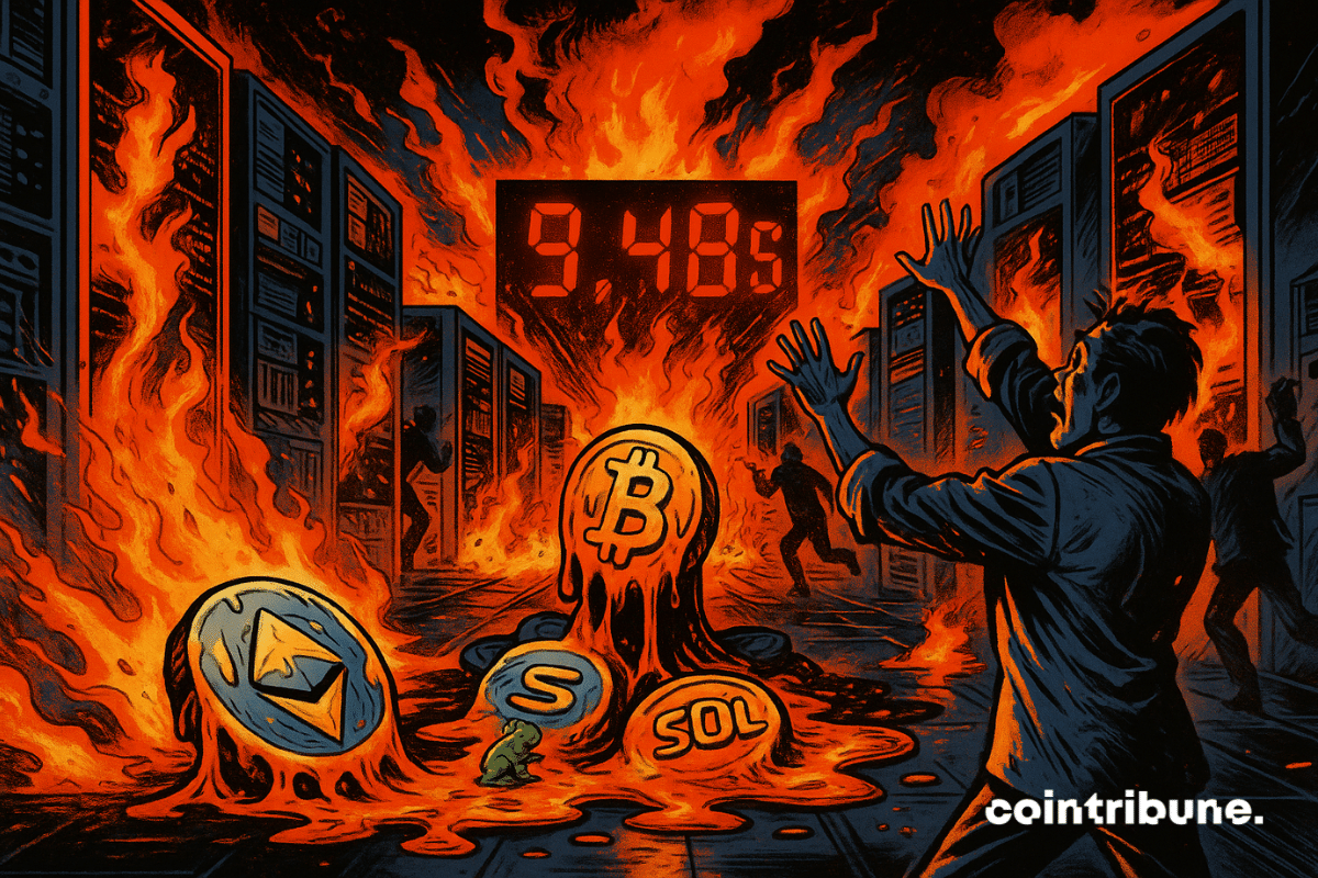 A high-tech server room in flames. Computer racks aligned on the left and right create a perspective toward the center. At the back of the room, a massive red flashing number "9.4 B $" dominates the scene. In the middle of the aisle, a heap of iconic cryptocurrencies (BTC, ETH, SOL, etc.) is melting, slowly dripping like hot wax or molten metal, symbolizing the market crash triggered by Trump.