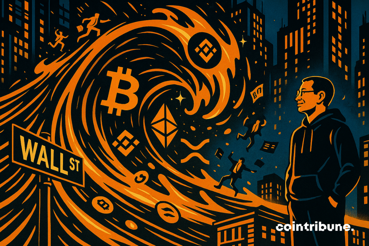 CZ (Changpeng Zhao), debout sur un toit d’immeuble de Wall Street. Il observe une immense vague, composée non d’eau, mais de jetons crypto (Bitcoin, Ethereum, Binance Coin, Solana, XRP…).