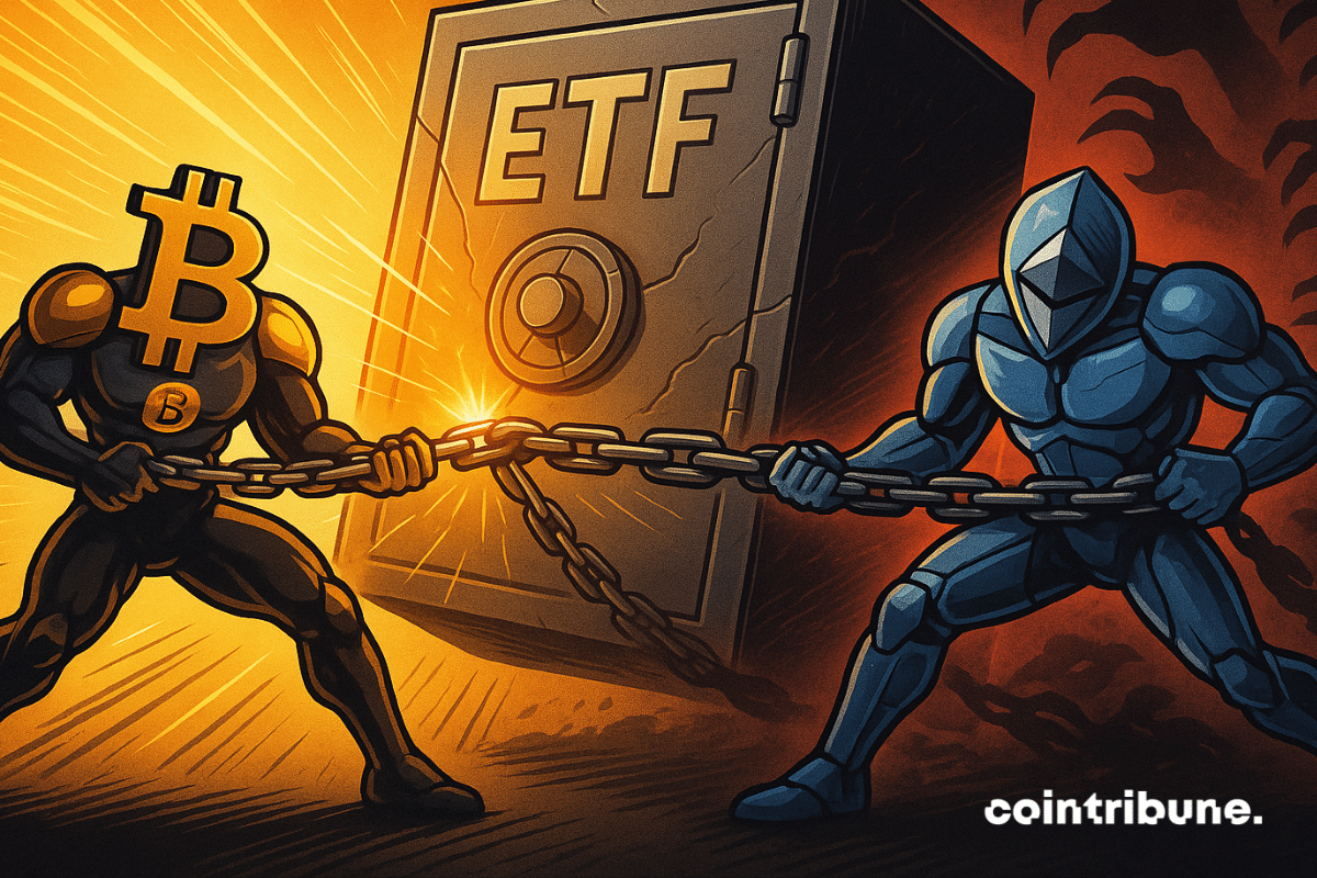 Deux avatars musclés de Bitcoin et d'Ethereum luttent pour créer un coffre-fort ETF performant sur des chaînes.
