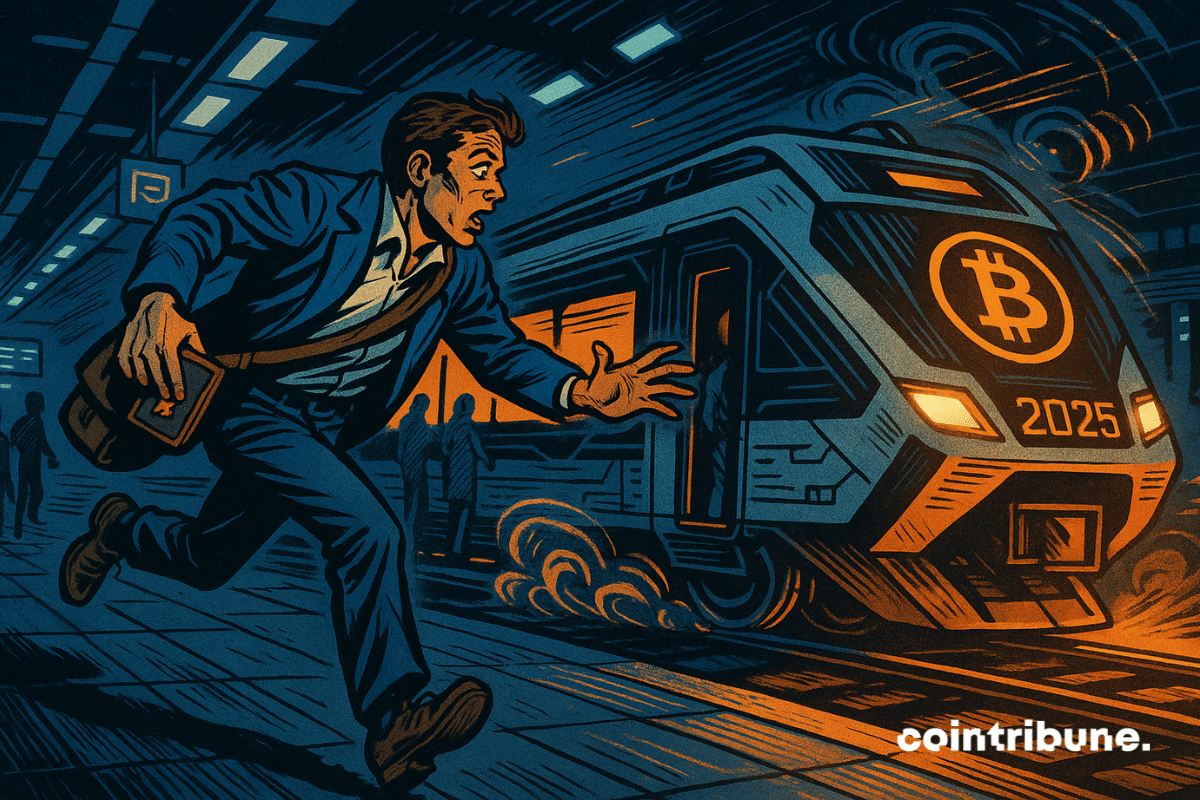 Un individu essoufflé courant avec un portefeuille à la main, tente de sauter dans le train marqué du symbole de la crypto reine, ce qui symbolise l’adoption souhaitée par Pantera Capital.