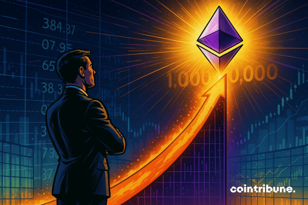 Un symbole d'Ethereum géant en cristal violet et argenté, flottant au sommet d’un graphe haussier flamboyant qui s’élève vers le ciel. Une silhouette d’analyste de SharpLink ou d’investisseur crypto contemple la scène.