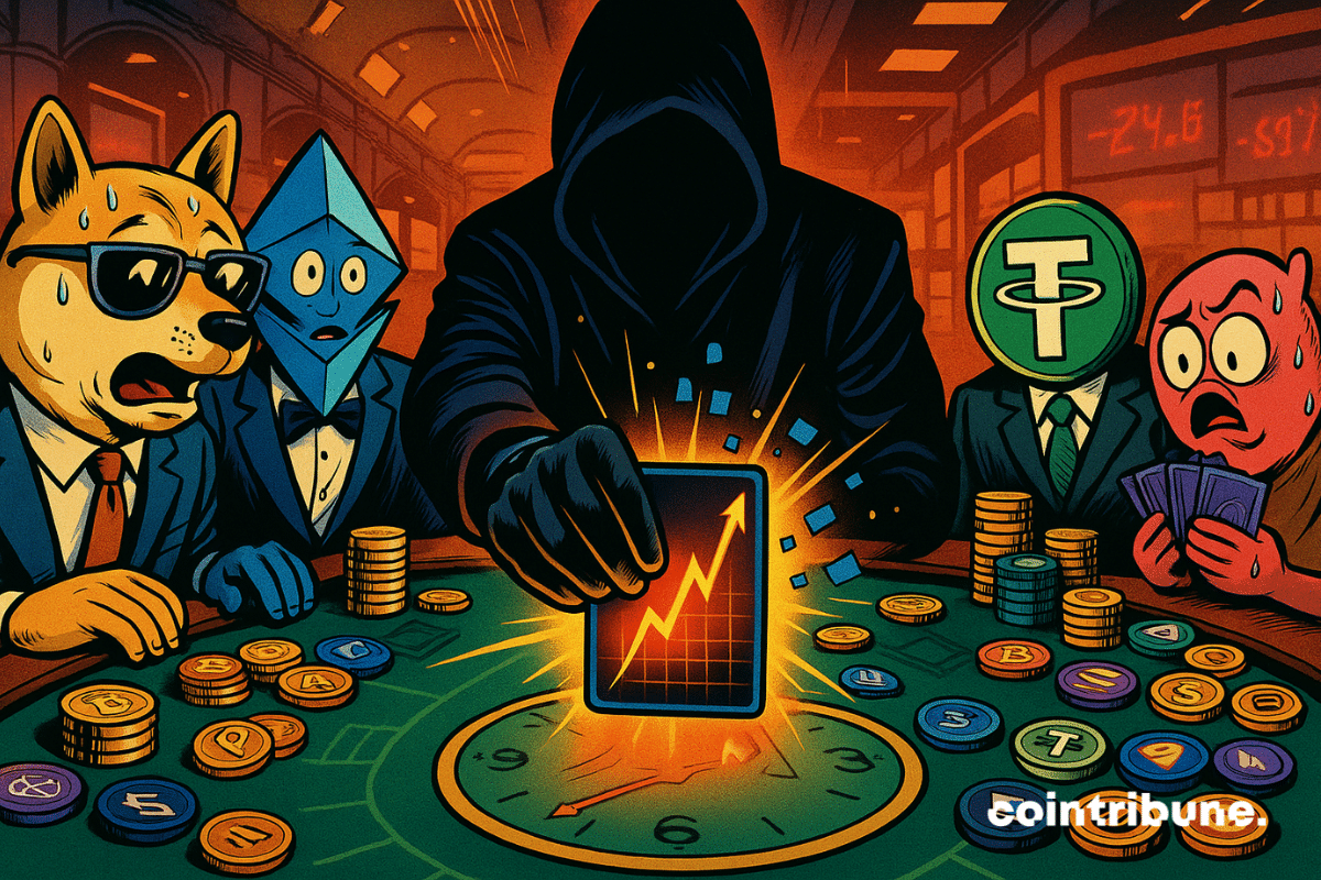 The mysterious trader's (a whale) black-gloved hand places a card in the center of the table. This card displays a perfect crypto graph in orange hologram: a drop followed by a spike in milliseconds.