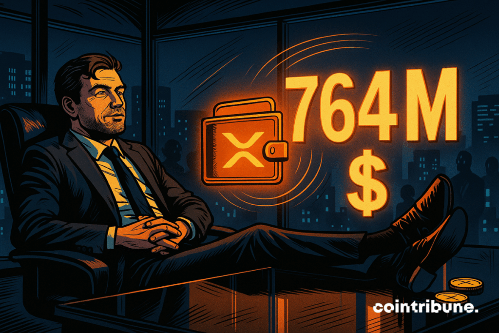 Un fondateur de start-up crypto est assis, les pieds posés sur le bureau en verre. Un portefeuille holographique projeté au-dessus du bureau, flottant en l’air, affiche le chiffre « 764 M $ », ce qui symbolise la liquidation de XRP.