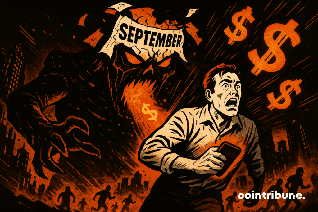 Un hombre aterrorizado corre por una ciudad en ruinas mientras una figura monstruosa hecha con las páginas del calendario de septiembre exhala llamas con forma de signos de dólar detrás de él.