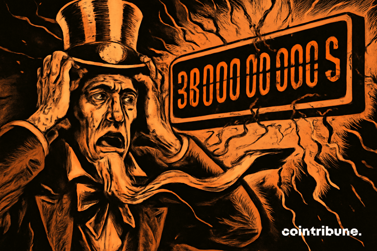 L’oncle Sam, les mains sur la tête dans un état de choc, sa cravate soufflée par l'explosion d'un compteur numérique géant, affichant « 38 000 000 000 000 $ » en rouge vif. Le compteur est sur le point de péter, des fissures se formant autour du chiffre, ce qui symbolise la dette record des États-Unis.