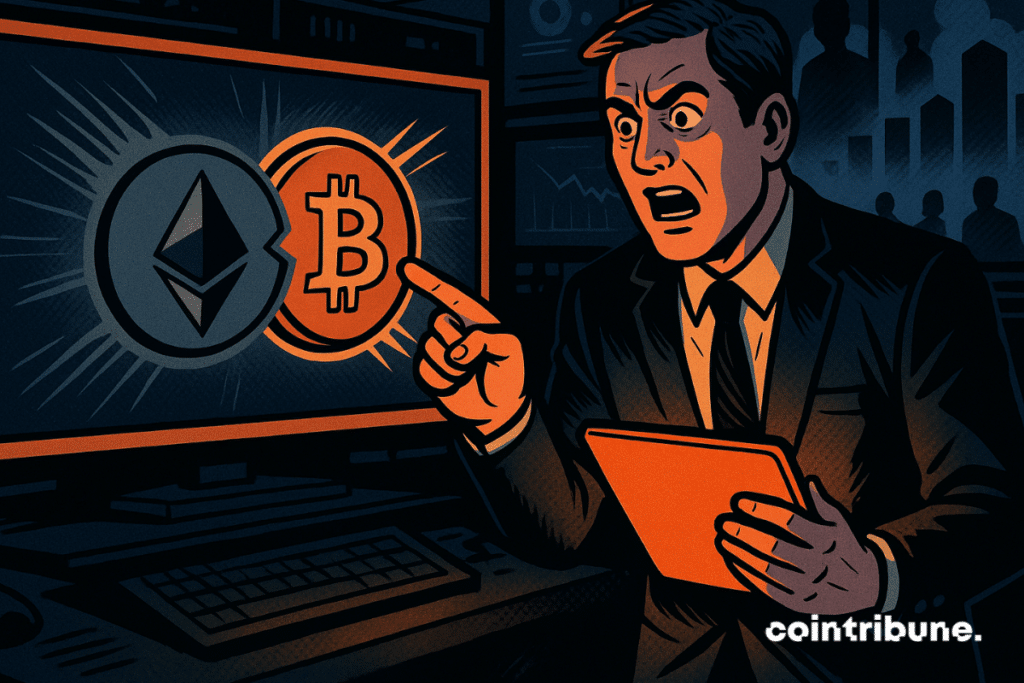 A stressed businessman points at a screen showing Ethereum and Bitcoin merging in a treasury alert.