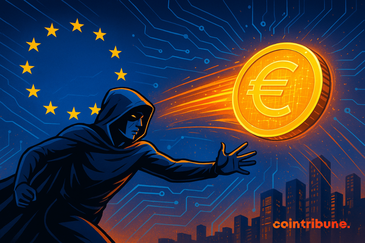 Uma figura encapuzada, ao estilo das histórias em quadrinhos, lança uma moeda digital brilhante de euro sobre uma cidade futurista, com as estrelas da UE e padrões de circuitos ao fundo.