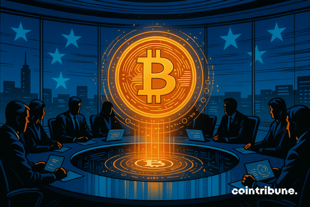 Des silhouettes de décideurs politiques sont réunies autour d’une table ronde, scrutant une projection holographique du logo Bitcoin, sur fond de drapeaux étoilés évoquant l’Union européenne.