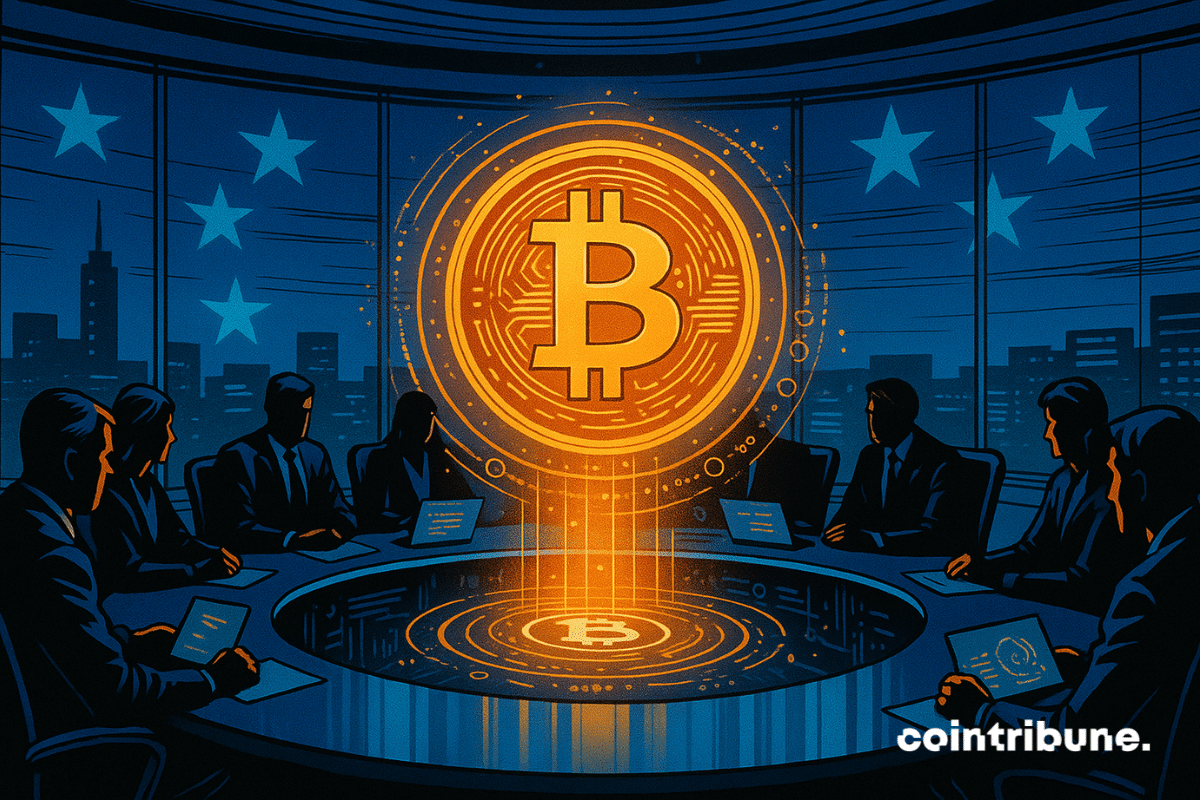 Des silhouettes de décideurs politiques sont réunies autour d’une table ronde, scrutant une projection holographique du logo Bitcoin, sur fond de drapeaux étoilés évoquant l’Union européenne.
