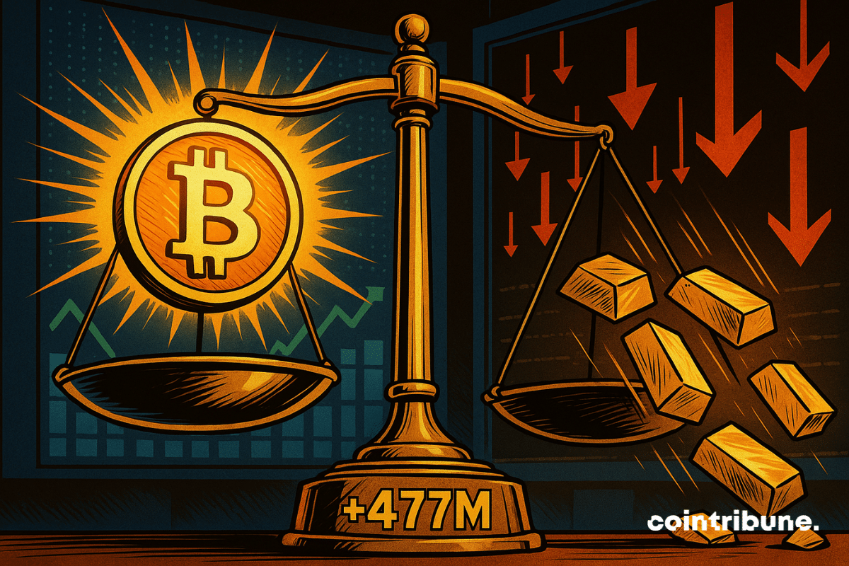 Balanço dourado inclinado: Bitcoin luminoso, leve à gauche, lingots d'or chutent à droite, ambiente dramático e contrastante.