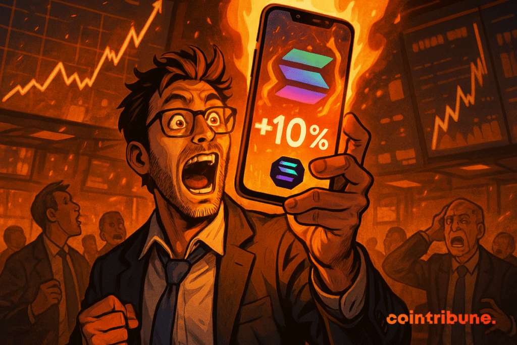 Un trader euphorique brandit un smartphone en flammes affichant +10 % et le logo Solana, ambiance explosive.