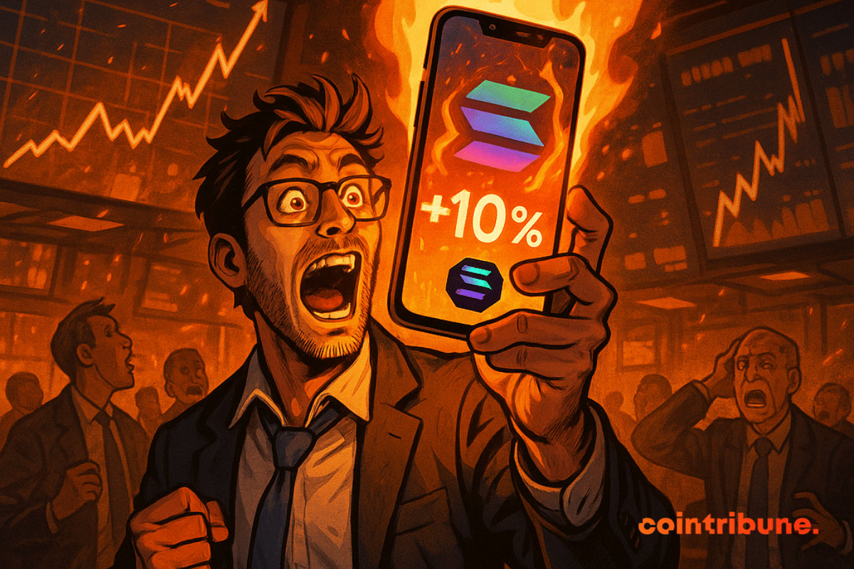 Un trader euphorique brandit un smartphone en flammes affichant +10 % et le logo Solana, ambiance explosive.