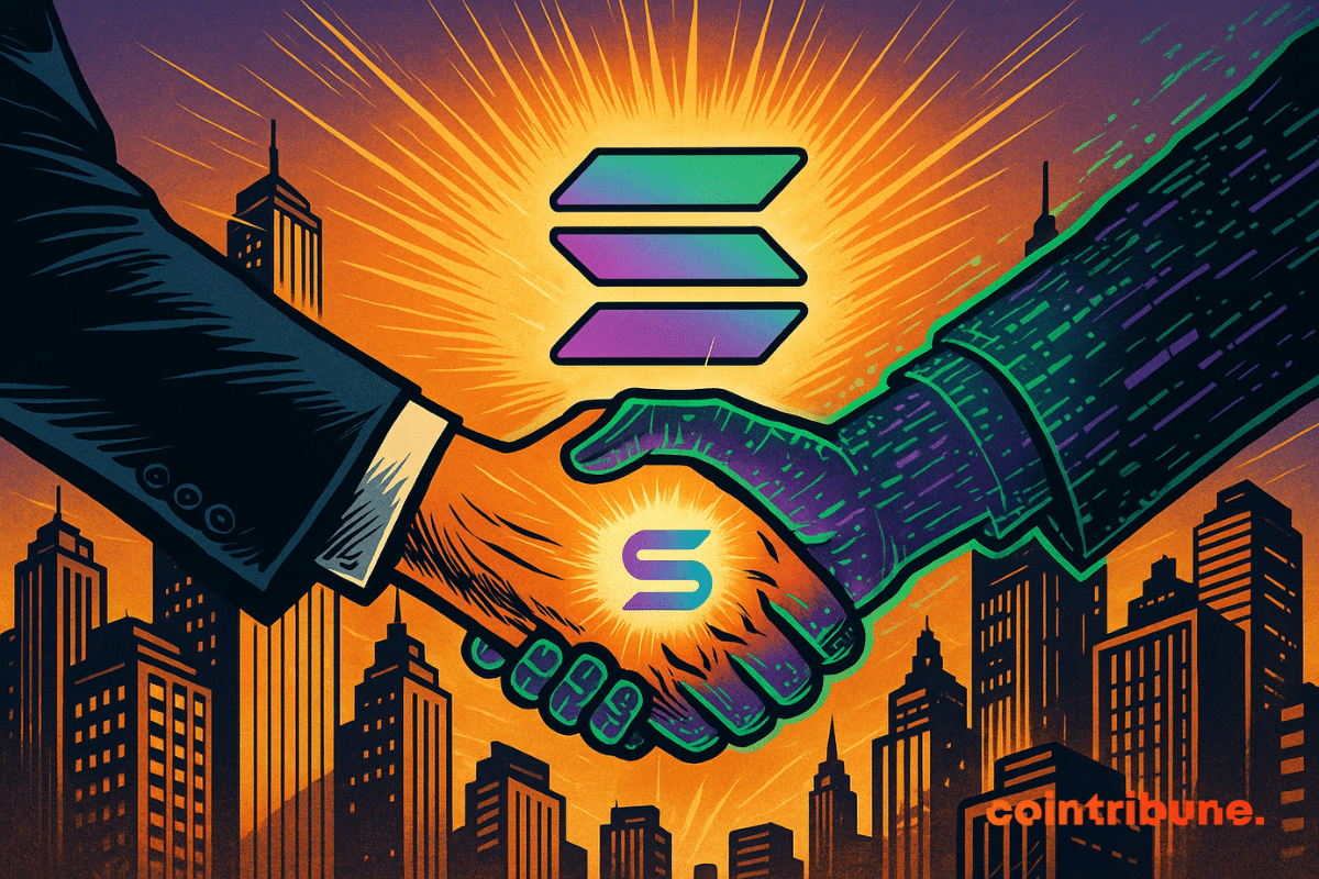 Two hands shake, one human, the other digital, surrounded by bright orange light against a backdrop of stylized skyscrapers.