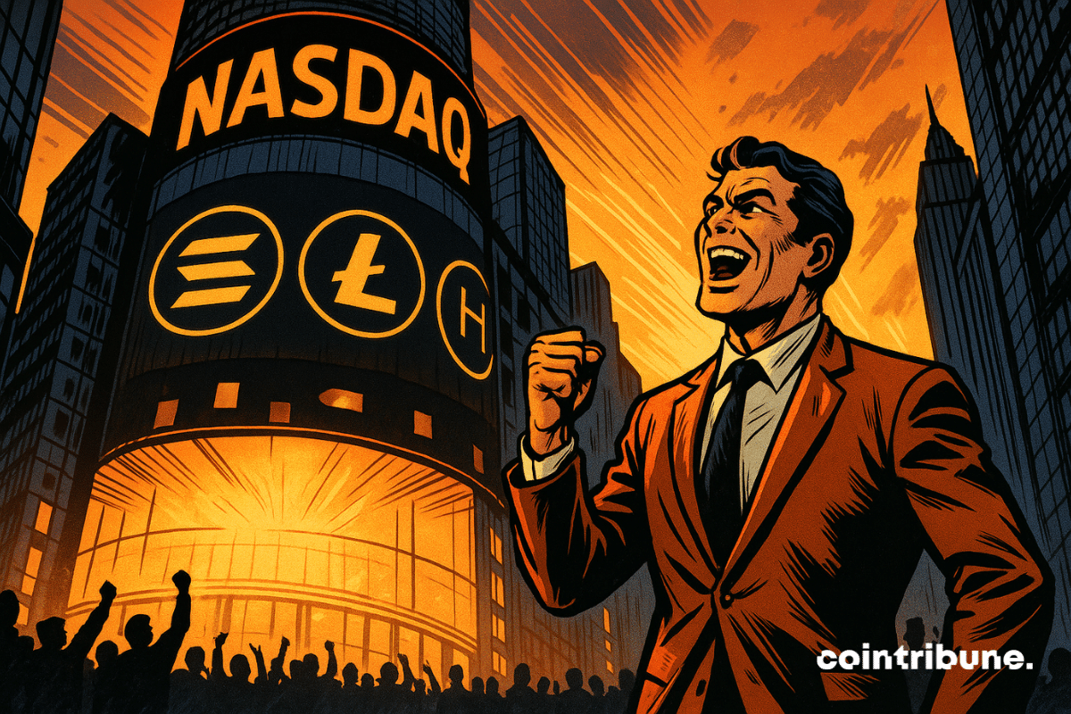 Un trader triomphant devant le Nasdaq illuminé, logos crypto brillants, foule euphorique, ciel orangé vibrant, ambiance héroïque et victorieuse.