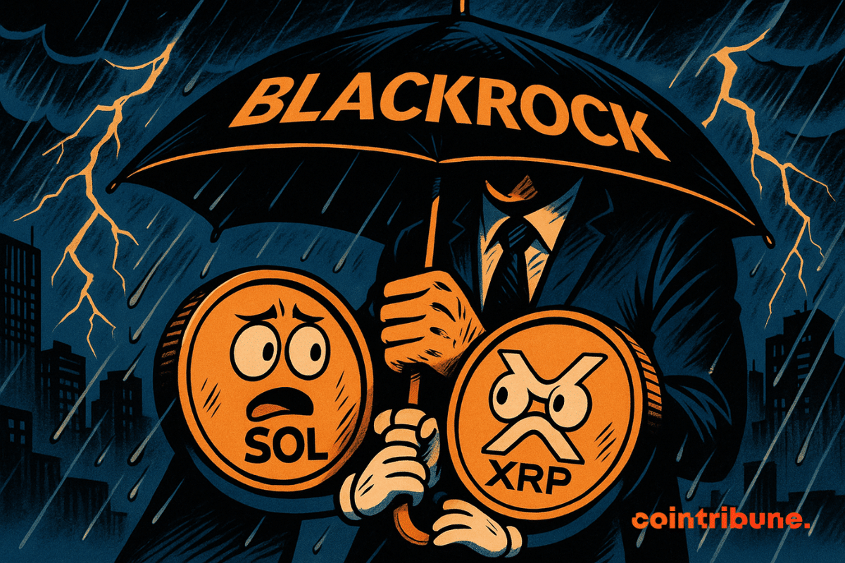 Deux cryptomonnaies, Solana et XRP, apeurées sous un grand parapluie BlackRock, affrontent une tempête urbaine illuminée d’éclairs orange.