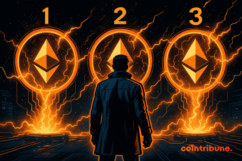 Un homme fait face à trois portails lumineux d’Ethereum, chacun marqué d’un chiffre, irradiant une énergie orange intense.