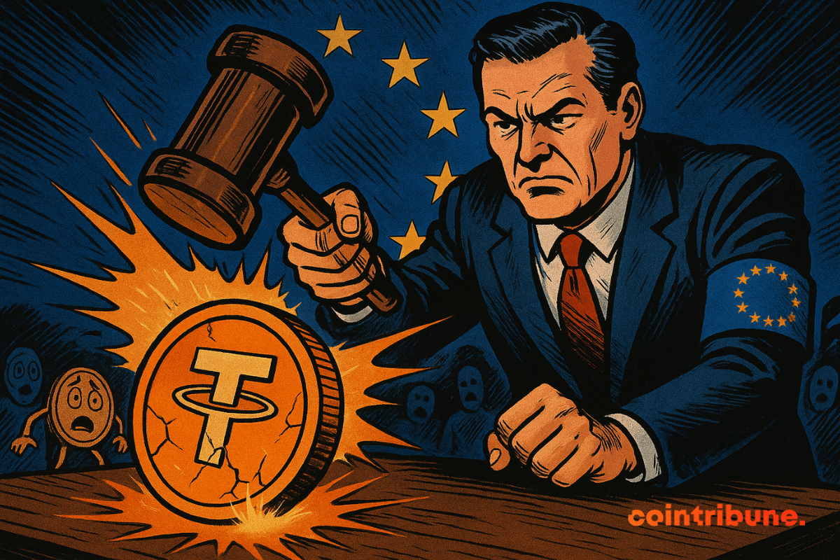 Un régulateur européen frappe violemment un stablecoin avec un marteau, sous les étoiles de l’Union européenne, ambiance tendue.