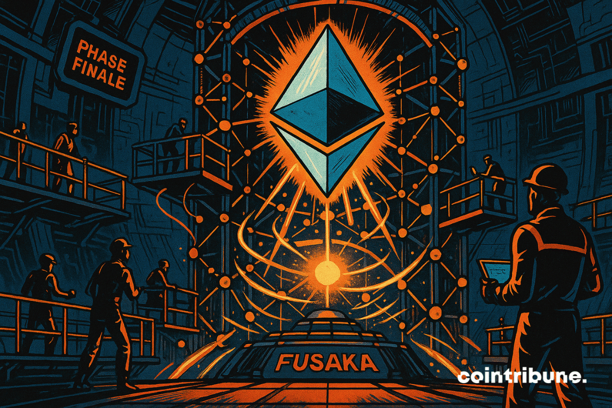 Une immense structure high-tech en forme de grille polygonale, semblable à un échafaudage numérique ou une centrale énergétique futuriste. Un logo Ethereum géant est suspendu, en train de s’illuminer progressivement, segment par segment. Le logo ETH, au cœur d’un réacteur numérique, est entouré de modules énergétiques qui s’activent un à un, indiquant une séquence de lancement.