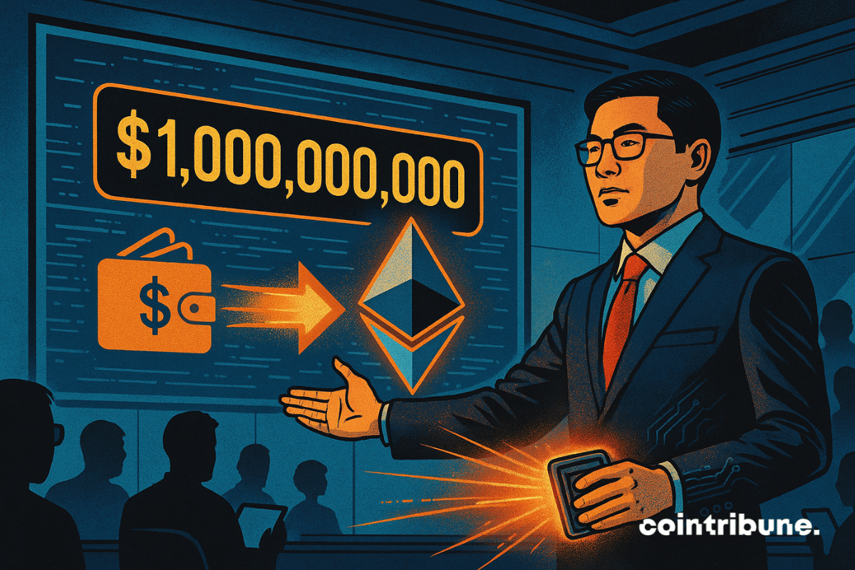 Le fondateur de Huobi se tient debout. Sa main droite fait un geste pour initier ou envoyer un ordre. Sa main gauche tient un dispositif lumineux qui projette une traînée de données visuelles. Sur l'écran géant, un flux visuel montre le transfert de « 1 000 000 000 $ » d'un portefeuille Huobi stylisé vers une icône Ethereum.