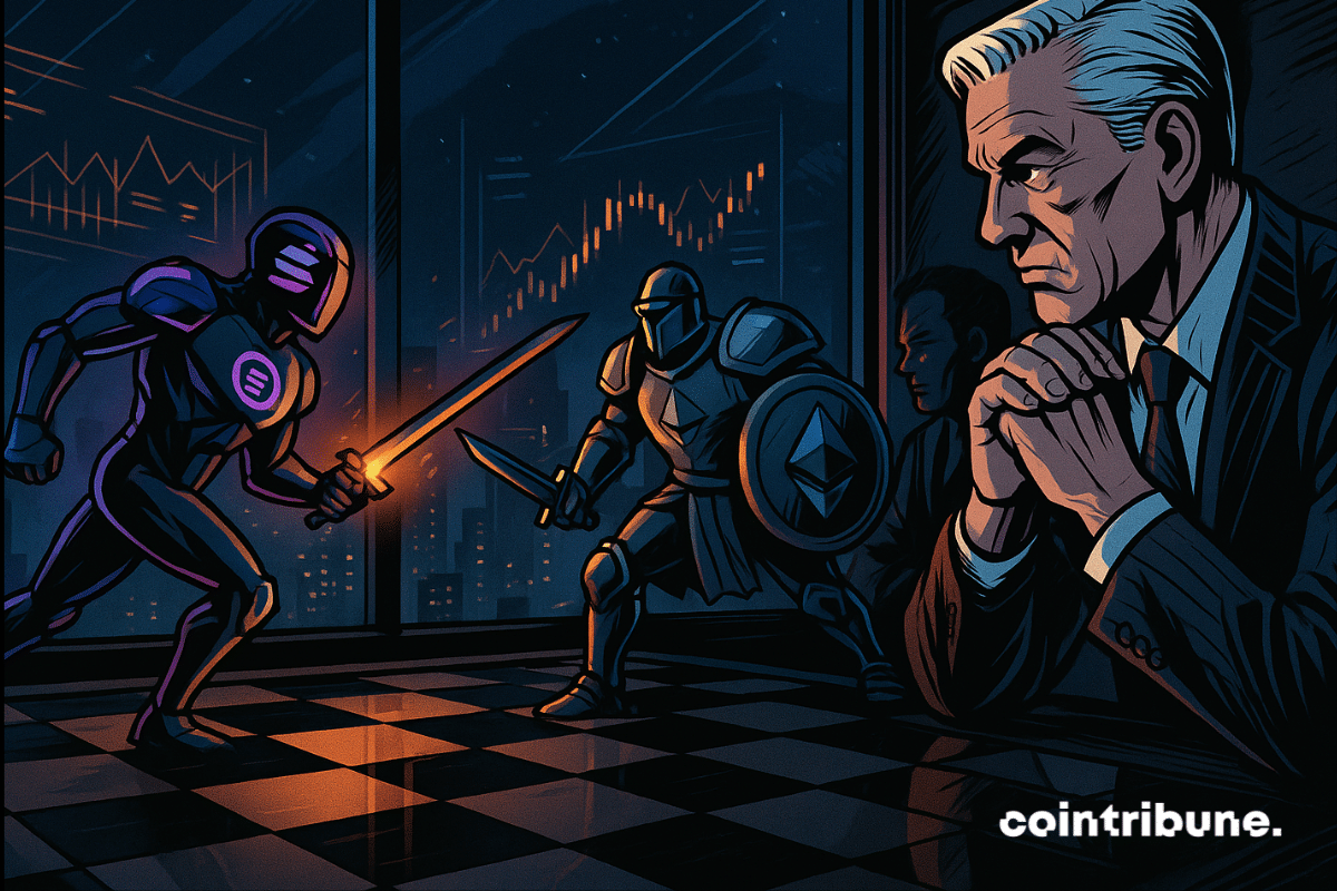 Bitwise CEO observes Solana and Ethereum battle on a chessboard, symbolizing ETF rivalry.