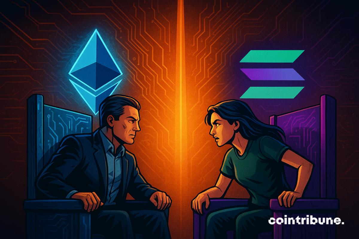 A comic-style image showing a man and woman representing Ethereum and Solana on glowing thrones facing each other, divided by a bright orange beam of light amid circuit patterns.