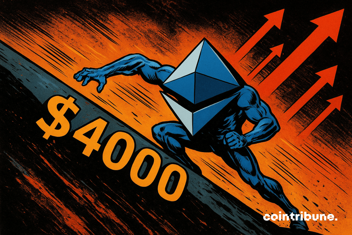 A stylized comic scene shows Ethereum as a muscular figure sliding down a dark slope marked with “00,” while bright orange arrows shoot upward behind it.