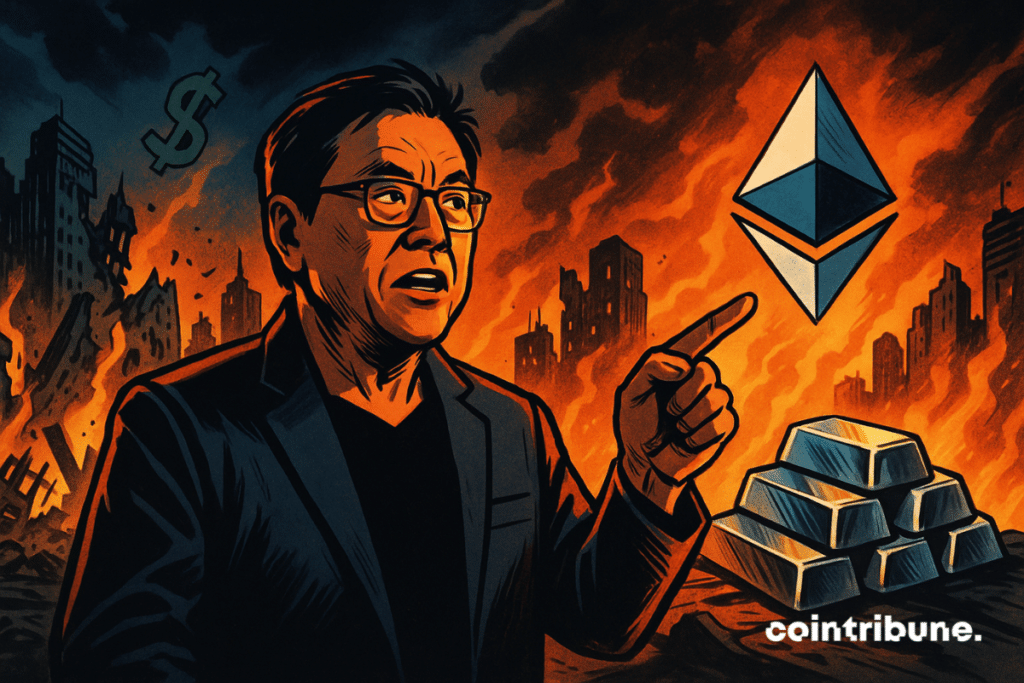 Una representación en estilo cómic de Robert Kiyosaki señalando el brillante logotipo de Ethereum y lingotes de plata mientras una ciudad en llamas se derrumba detrás de él en tonos naranjas y oscuros.