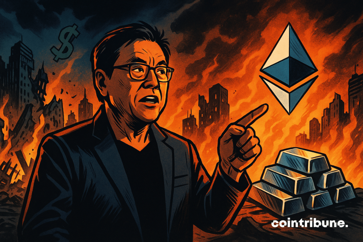 Une illustration de style bande dessinée représentant Robert Kiyosaki pointant du doigt le logo lumineux d'Ethereum et des lingots d'argent, tandis qu'une ville en flammes s'effondre derrière lui dans des tons orange et sombres.