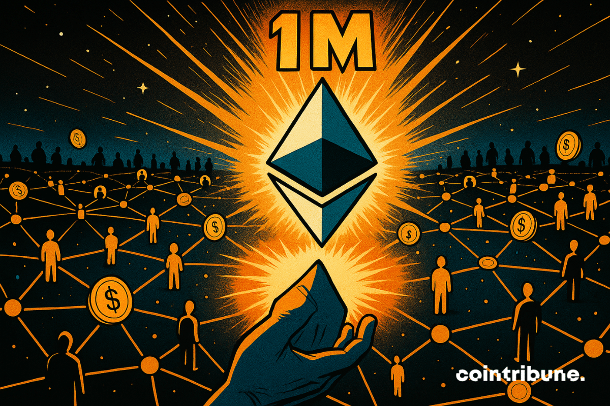 A glowing Ethereum logo shines at the center of a comic-style digital network filled with connected silhouettes and golden stablecoin symbols, radiating orange and yellow light under the number “1M.”