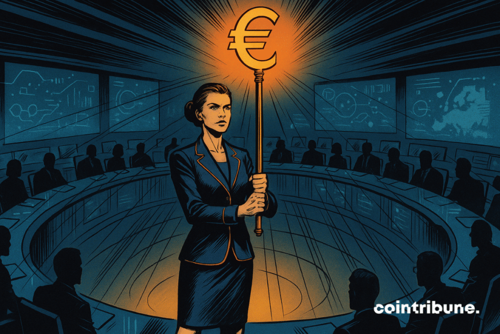 Una mujer que simboliza al BCE, de pie, sostiene un cetro digital en posición vertical frente a ella, con ambas manos alrededor del mango, como un símbolo de poder. El cetro digital tiene en la parte superior el símbolo del euro digital «€», que irradia energía, iluminando todo a su alrededor como una fuente divina o tecnológica.